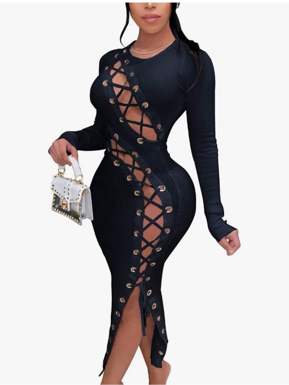 Black Lace-Up Bodycon Midi Dress - Long Sleeve